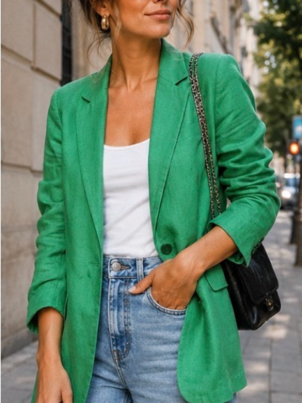 Halston Heritage Green Linen Blazer - Single-Button Tailored Jacket
